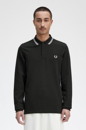 Fred Perry M3636 Men's Shirt Night Green Snow White | IFDYE4918