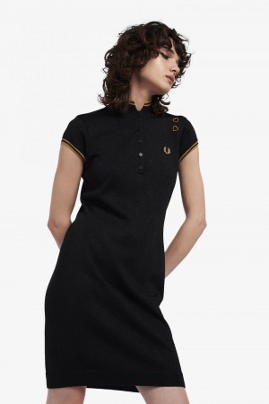 Fred Perry Metallic Knitted Women's Dress Black | QWFSP1394