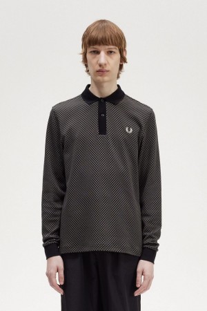 Fred Perry Micro Chequerboard Men's Polo Shirt Black Field Green | KGFAC6598