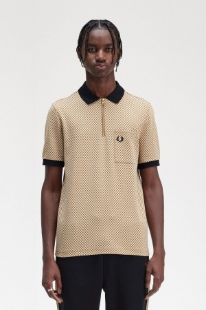 Fred Perry Micro Chequerboard Men's Polo Shirt Oatmeal Dark Coffee | YWLSX3950