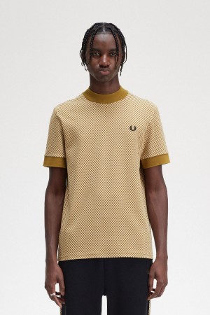 Fred Perry Micro Chequerboard Men's T-Shirt Oatmeal Dark Coffee | OSQBJ0972