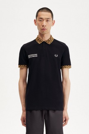 Fred Perry Noongoons Leopard Print Men's Polo Shirt Black | OIHUA3671