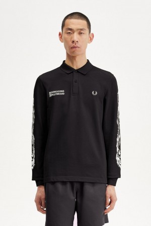 Fred Perry Noongoons Long Sleeve Graphic Men's Polo Shirt Black | AIRVU3176