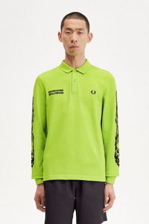 Fred Perry Noongoons Long Sleeve Graphic Men's Polo Shirt Lime Green | HZUFJ4860