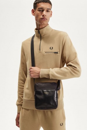 Fred Perry Nylon Twill Leather Side Men's Bags Black Gold | SCKIJ1986