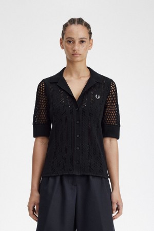 Fred Perry Open-Knit Button-Through Women's Shirt Black | TJRNG7480