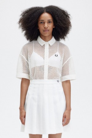 Fred Perry Open-Knit Women's Shirt Snow White | UGVMT6751