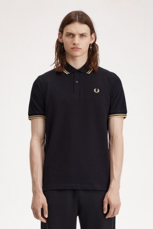 Fred Perry Osaka M12 Men's Polo Shirt Black Champagne | QDHTN6709