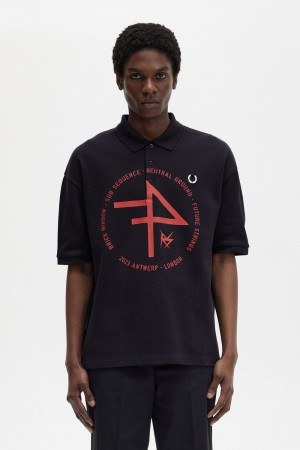 Fred Perry Oversized Printed Men's Polo Shirt Navy Blue | WAKHO9208