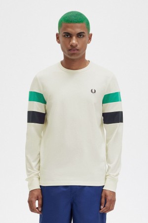 Fred Perry Panelled Sleeve Long Sleeve Men's T-Shirt Beige | JNARP1234