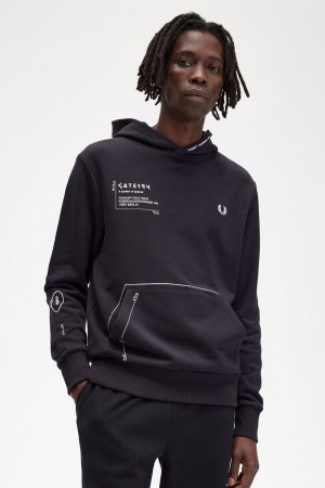 Fred Perry Printed Hooded Sweat Men's Shirt Black | WNUJA9765