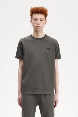 Fred Perry Ringer Men's T-Shirt Field Green | IHMKB0123