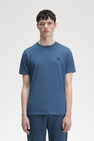 Fred Perry Ringer Men's T-Shirt Midnight Blue | DRSGZ4152