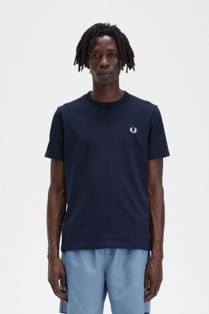 Fred Perry Ringer Men's T-Shirt Navy | WBNCK6905