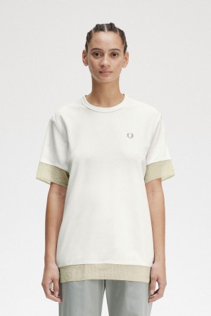 Fred Perry Sheer Trim Piqué Women's T-Shirt Snow White | IXGZW5960