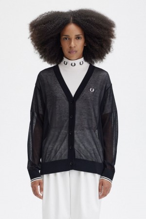 Fred Perry Sheer V-Neck Women's Cardigan Black | FHVWS7913