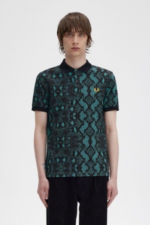 Fred Perry Snake Print Men's Shirt Deep Mint | CZIDJ2815