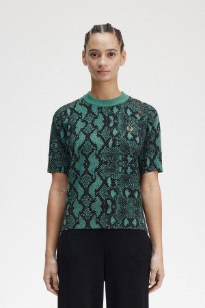 Fred Perry Snake Print Women's Jumper Deep Mint | DWUCG1582