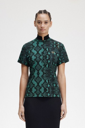 Fred Perry Snake Print Women's Polo Shirt Deep Mint | QXRLK4790