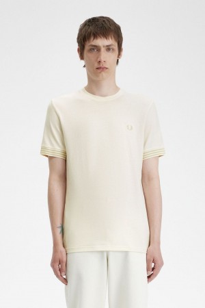 Fred Perry Striped Cuff Men's T-Shirt Beige | BJCLN0324