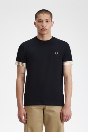 Fred Perry Striped Cuff Men's T-Shirt Black | WUKSJ3472