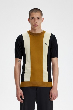 Fred Perry Striped Fine Knit Men's T-Shirt Black Oatmeal Dark Coffee | URZDE7685