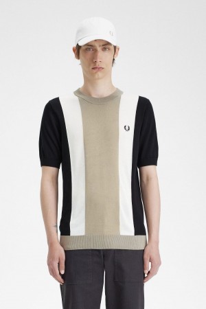 Fred Perry Striped Fine Knit Men's T-Shirt Black Snow White Warm Grey | MIYTZ4309