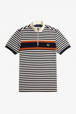 Fred Perry Striped Funnel Neck Men's Shirt Beige | NALZW0694