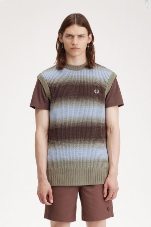 Fred Perry Striped Open Knit Men's Tanks Dark Red | JCVNE2348