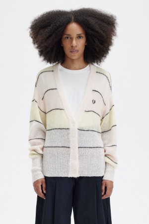 Fred Perry Striped Open Knit Women's Cardigan Silky Peach | DHBLU0957