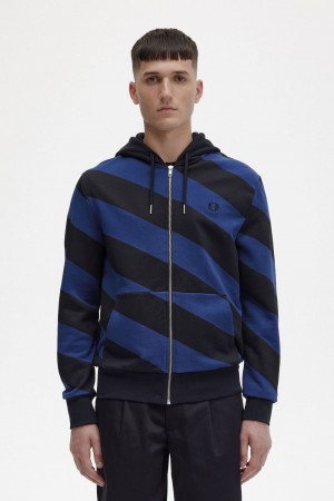 Fred Perry Striped Zip-Through Hooded Men's Sweatshirts Black | QTNHF9735