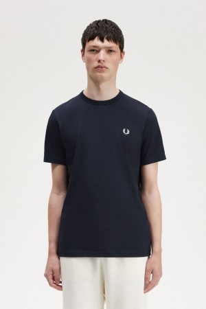 Fred Perry Tape Detail Men's T-Shirt Navy | WSURE6854