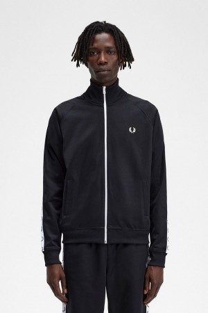 Fred Perry Taped Men's Track Jackets Black | OQCTI0321