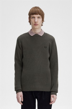 Fred Perry Textured Lambswool Men's Jumper Field Green | CENJW1796