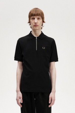 Fred Perry Textured Zip Neck Men's Polo Shirt Black | KTOBS8074