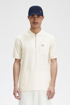 Fred Perry Textured Zip Neck Men's Polo Shirt Beige | PQCDL4930