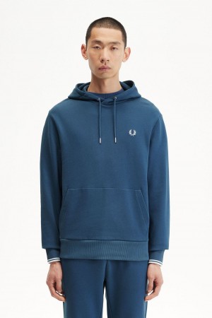 Fred Perry Tipped Hooded Men's Sweatshirts Midnight Blue Light Aqua | CMZLW3482