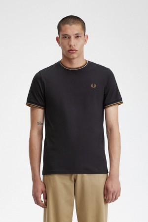 Fred Perry Twin Tipped Men's T-Shirt Anchor Grey Green Dark Coffee | GNKJD6213