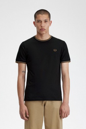 Fred Perry Twin Tipped Men's T-Shirt Black Green Brown | JLIVD0639