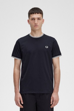 Fred Perry Twin Tipped Men's T-Shirt Black | AJWRQ8629