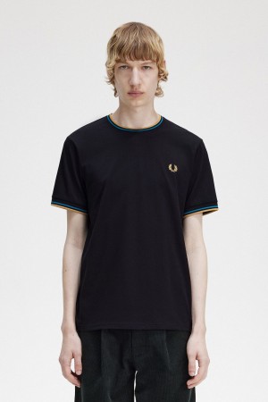 Fred Perry Twin Tipped Men's T-Shirt Black Cyber Blue Light Rust | KNBSL5398