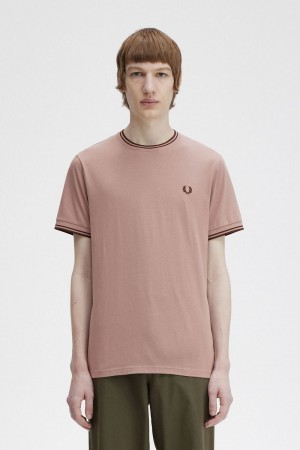 Fred Perry Twin Tipped Men's T-Shirt Dark Pink Whisky Brown | JMFOB2853