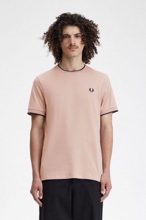 Fred Perry Twin Tipped Men's T-Shirt Dark Pink Dusty Rose Black | DLOXG7102