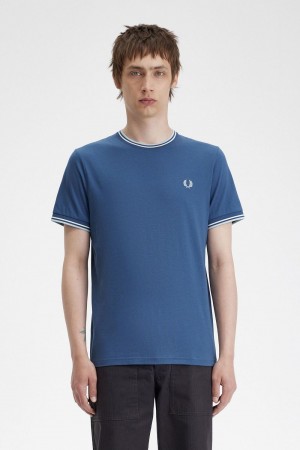 Fred Perry Twin Tipped Men's T-Shirt Midnight Blue Beige Light Aqua | ROEUW6582