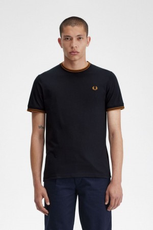 Fred Perry Twin Tipped Men's T-Shirt Navy Dark Coffee | TQJXS5043