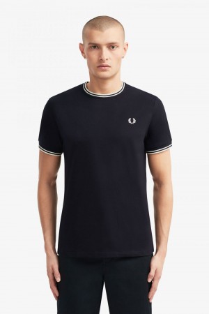 Fred Perry Twin Tipped Men's T-Shirt Navy | AFLRB8251