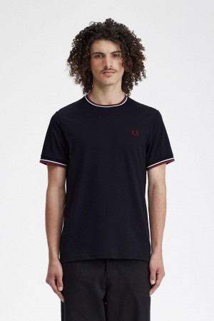 Fred Perry Twin Tipped Men's T-Shirt Navy Snow White Burnt Red | OCPRG3821