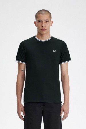 Fred Perry Twin Tipped Men's T-Shirt Night Green Snow White | LWHGS8306