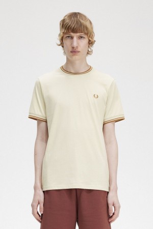 Fred Perry Twin Tipped Men's T-Shirt Oatmeal | EOSPJ4716