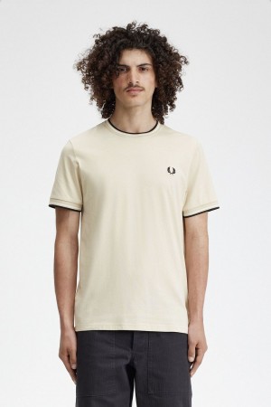 Fred Perry Twin Tipped Men's T-Shirt Oatmeal Beige Black | GCDOB7621